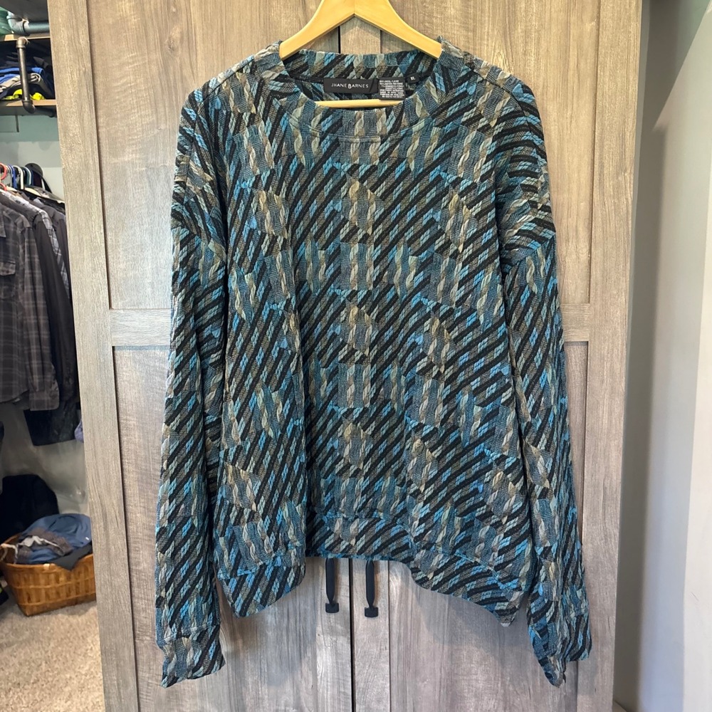 Jhane Barnes Vintage Blue Geometric Jacquard Wool Blend Sweater XL